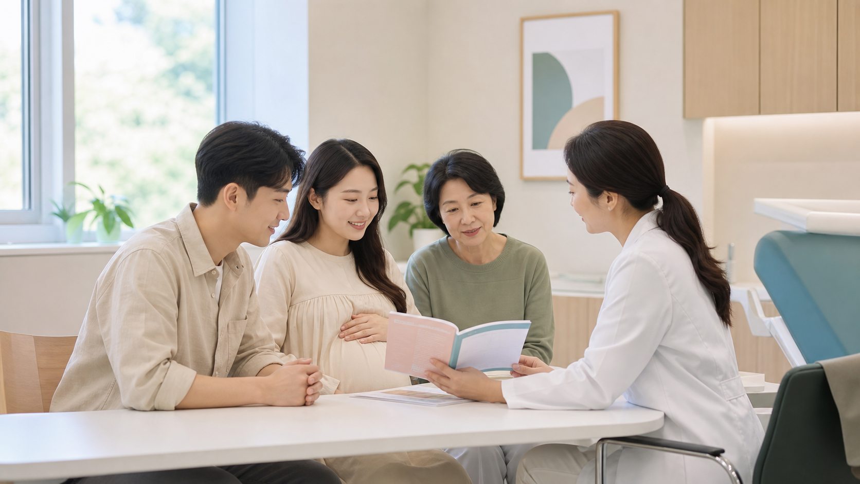 임신부와 배우자, 조부모가 의료진과 백일해 예방접종 기록을 확인하는 모습