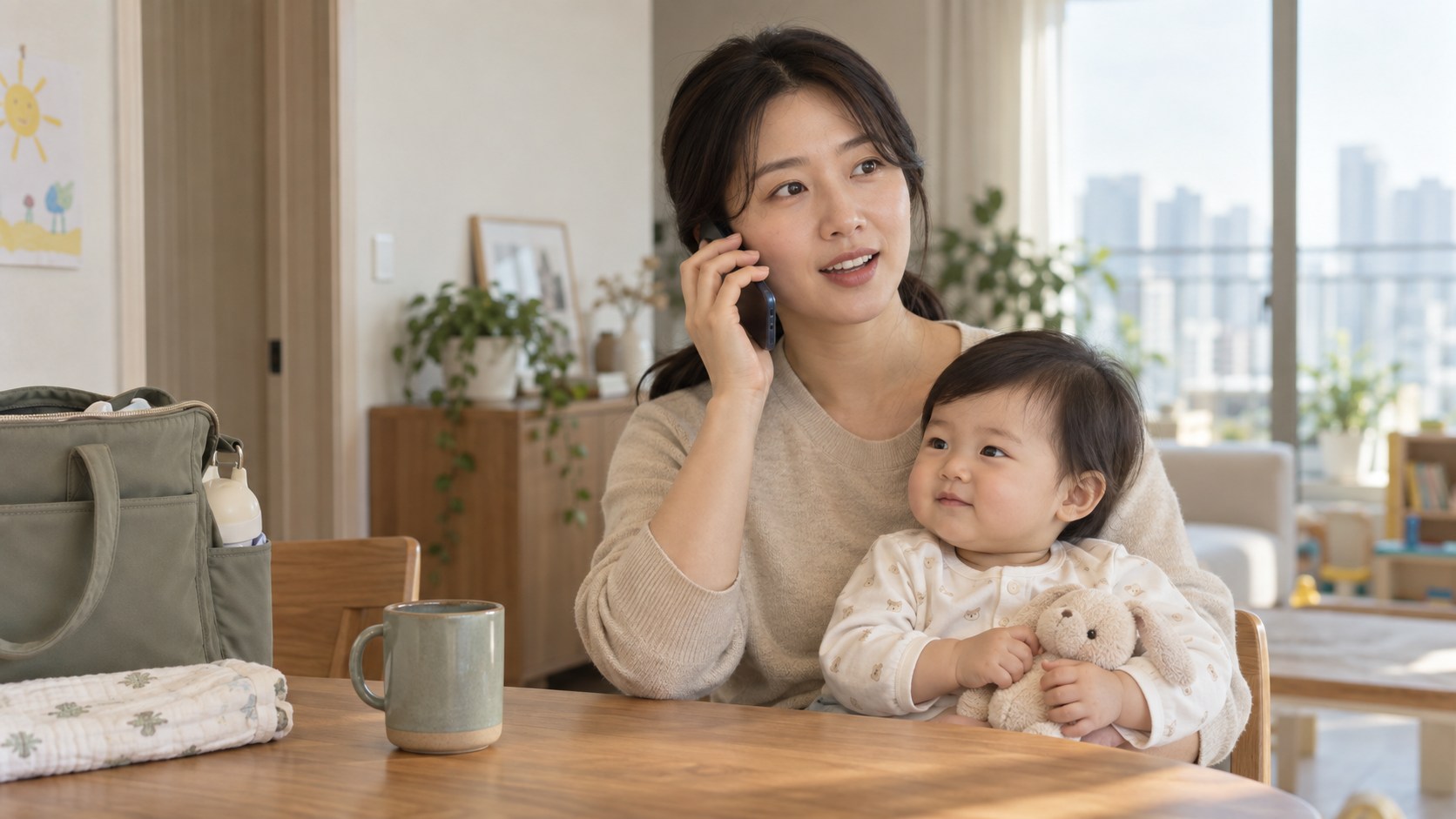 영아를 안은 보호자가 B형간염 검사 가능 여부를 전화로 확인하는 모습