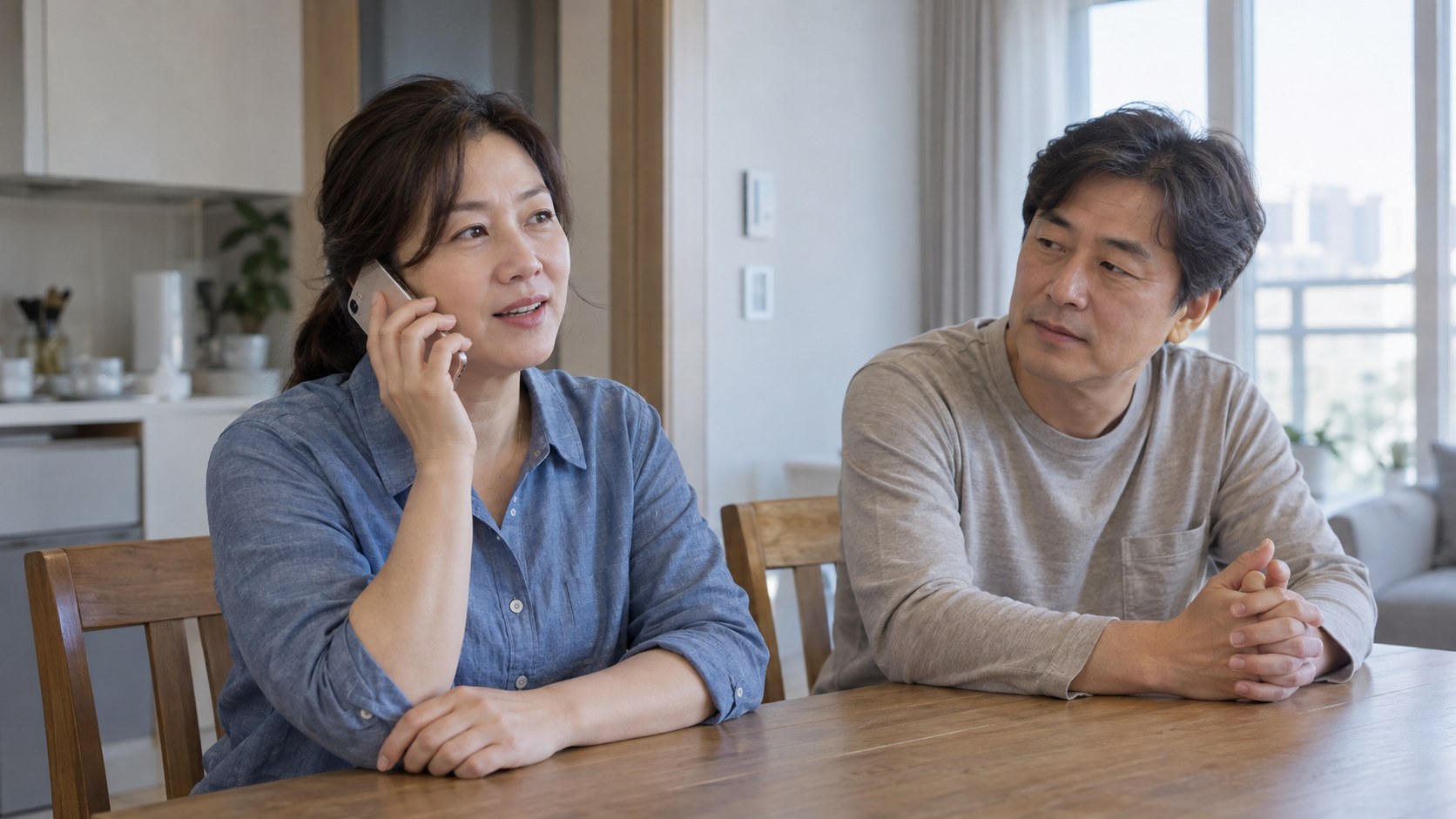 집에서 병원에 전화로 RSV 제품과 접종 비용을 확인하는 모습
